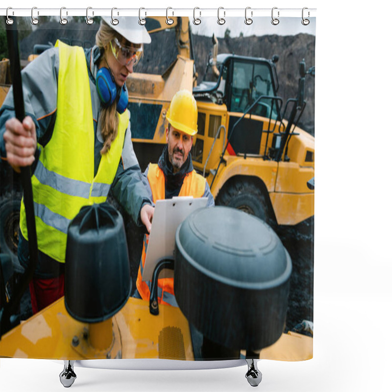 Personality  Woman And Man Worker In Quarry On Excavation Machine Shower Curtains