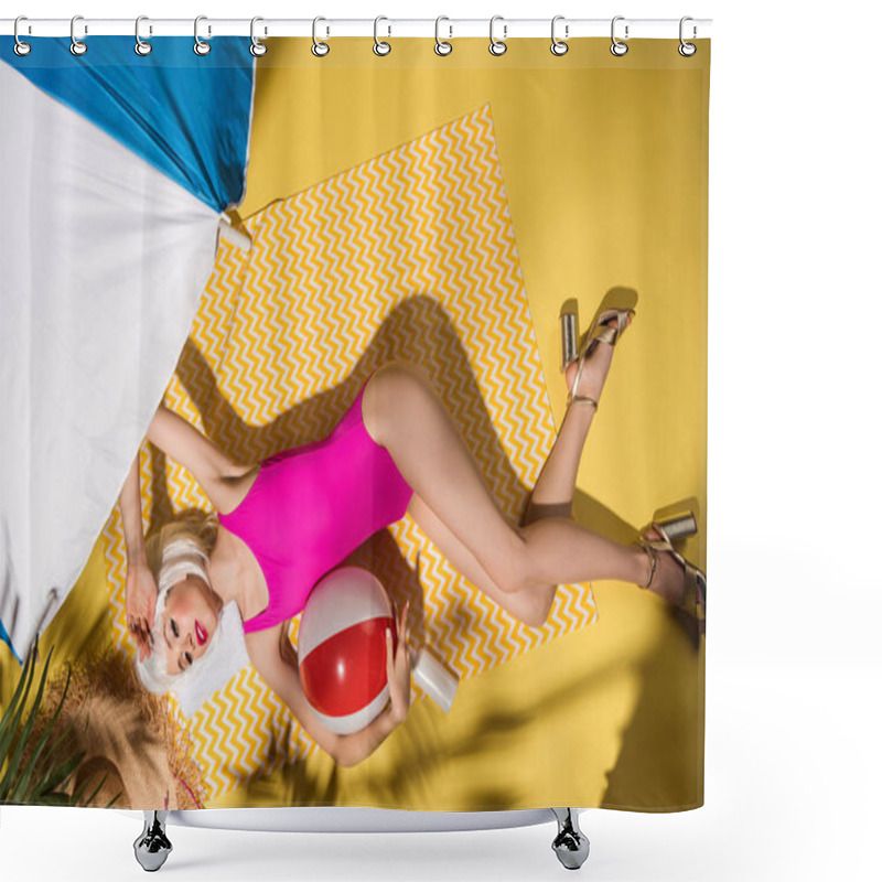 Personality  Top View Of Girl In Pink Swimsuit And High-heeled Shoes Lying With Ball On Yellow Towel Shower Curtains