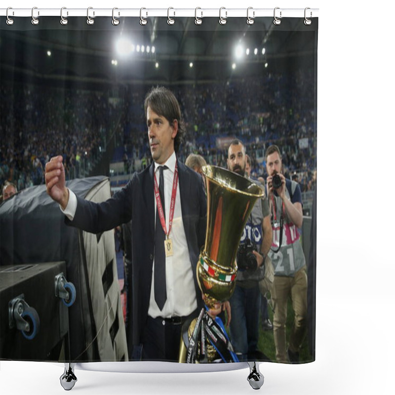 Personality  ROME, Italy - 11.05.2022:  SIMONE INZAGHI CELEBRATES VICTORY WITH HIS FAMILY  The Football Match Italy Cup Final 2022 Trophy  Between FC JUVENTUS TURIN VS FC INTERNAZIONALE MILAN  At Olympic Stadium In Rome Shower Curtains