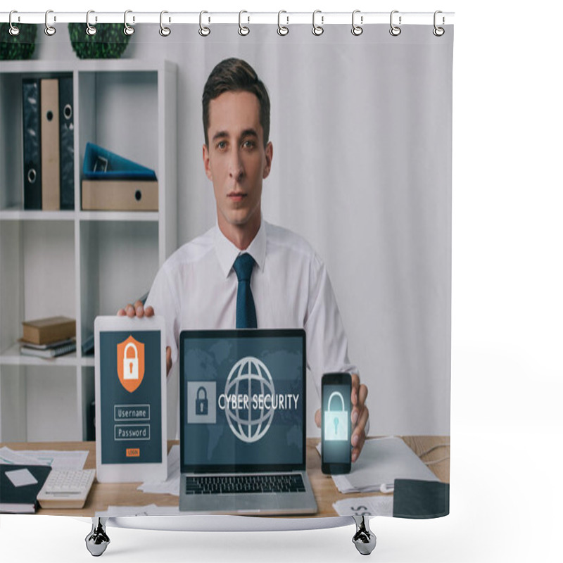 Personality  Portrait Of Businessman Showing Laptop, Tablet And Smartphone With Cyber Security Signs On Screens At Workplace In Office Shower Curtains