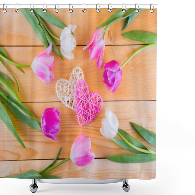 Personality  Bouquet Of Tender Pink Tulips With Wicker Hearts On Light Wooden Shower Curtains