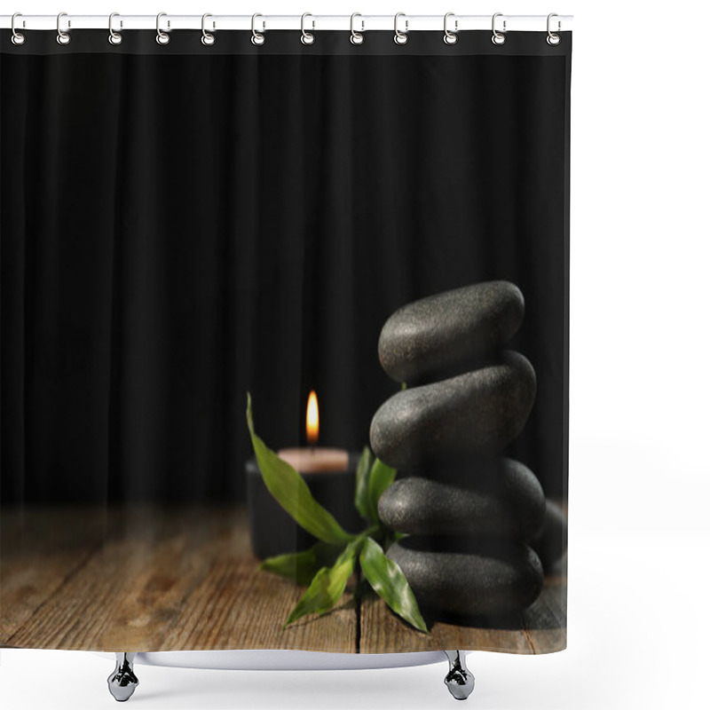 Personality  Spa Stones, Bamboo Sprout And Candle On Wooden Table Against Dark Background, Space For Text Shower Curtains