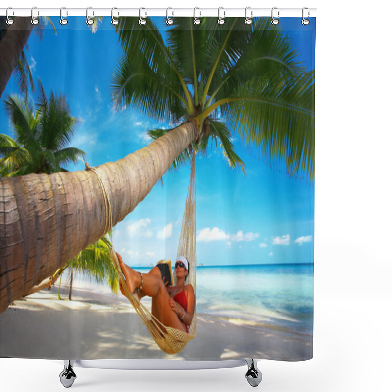 Personality  View Of Nice Woman Lounging In Hammock In Tropical Environment Shower Curtains