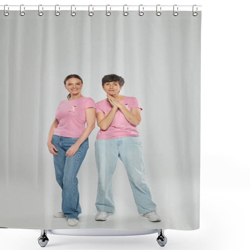 Personality  Happy Women In Pink T-shirts With Ribbons Posing Together On Grey Background, Breast Cancer Concept Shower Curtains