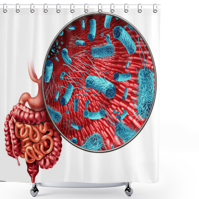 Personality  Microbiome In The Gut As Bacteria Flora Inside An Intestine As A Digestion Symbol Inside The Intestinal Tract With 3D Illustration Elements. Shower Curtains