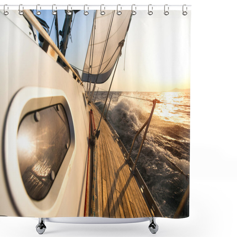 Personality  Yacht Sailing Towards The Sunset. Shower Curtains