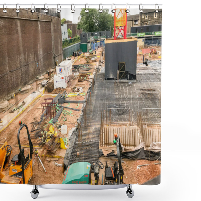 Personality  CARDIFF, WALES - JULY 2019: Steel Work For Reinforced Concrete Foundations On The Site Of A New Building For Cardiff University. Shower Curtains