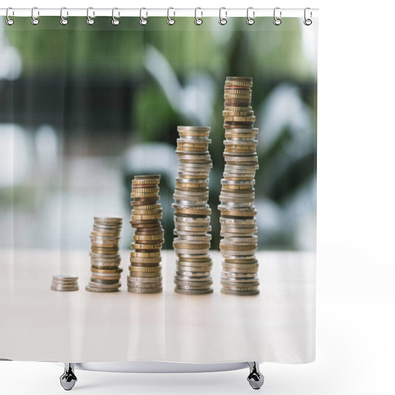 Personality  Stacks Of Coins On Table Shower Curtains