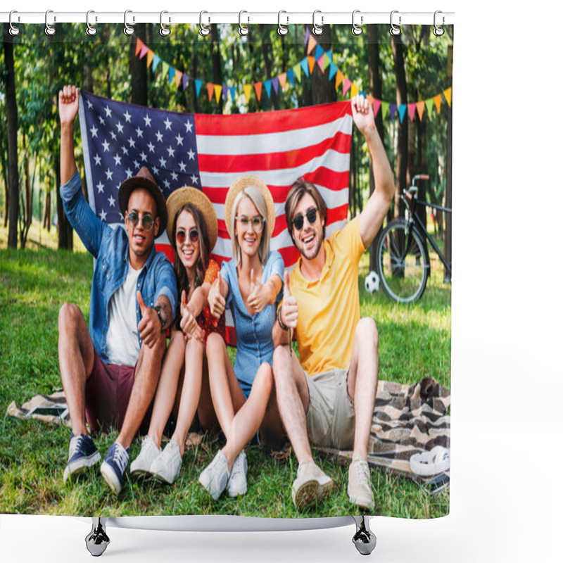 Personality  Happy Multiracial Friends With American Flag Showing Thumbs Up In Summer Park Shower Curtains