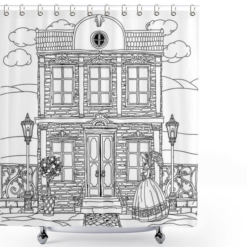 Personality  Black And White Illustration Of A House. Vector. Shower Curtains