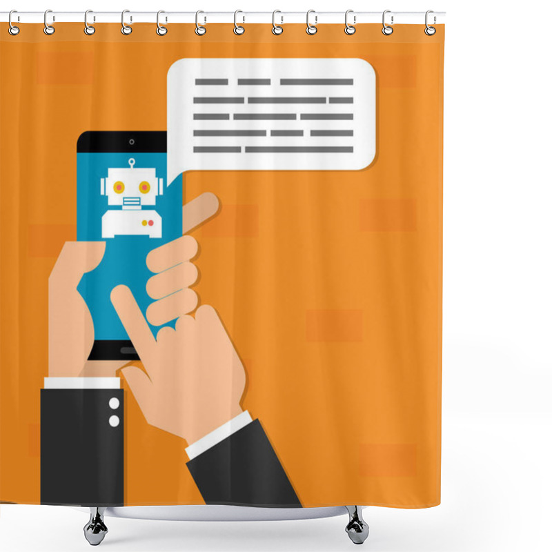 Personality  Human Hand Hold Mobile Phone With Chatbot Mobile On Orange Background.Vector Illustration Chatbots AI Artificial Intelligence Technology Concept.  Shower Curtains