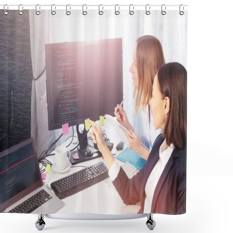 Personality  Portrait Of Two Businesswomen Have A Meeting, Sitting In Front Of The Computer Screen And Making Notes In The Office Shower Curtains