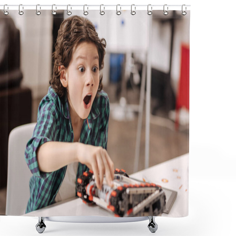 Personality  Surprised Teen Boy Playing With Digital Robot  Shower Curtains