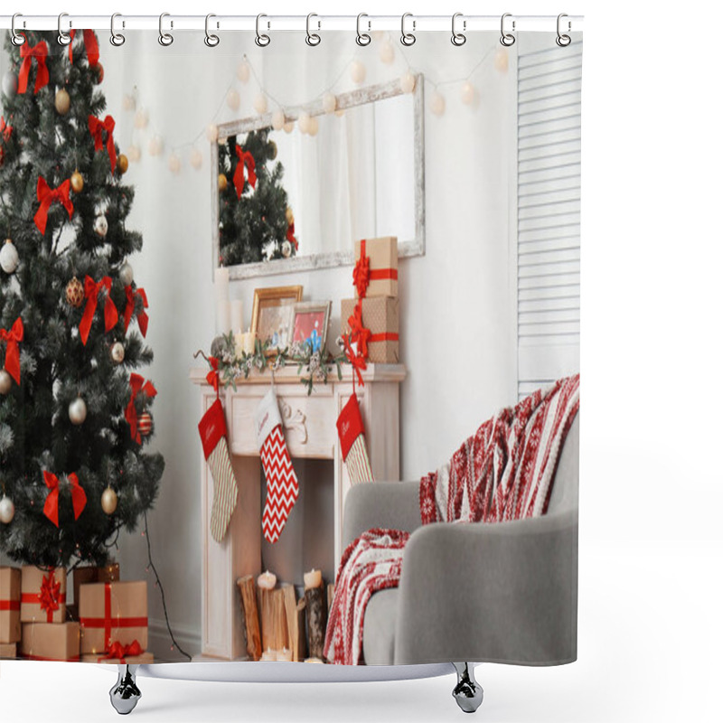 Personality  Stylish Living Room Interior With Decorated Christmas Tree Shower Curtains