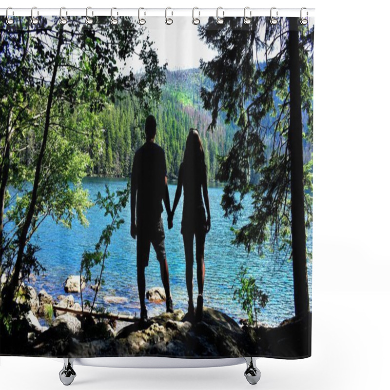 Personality  Sumava National Park. Black Lake. Man And Woman In Nature. Shower Curtains