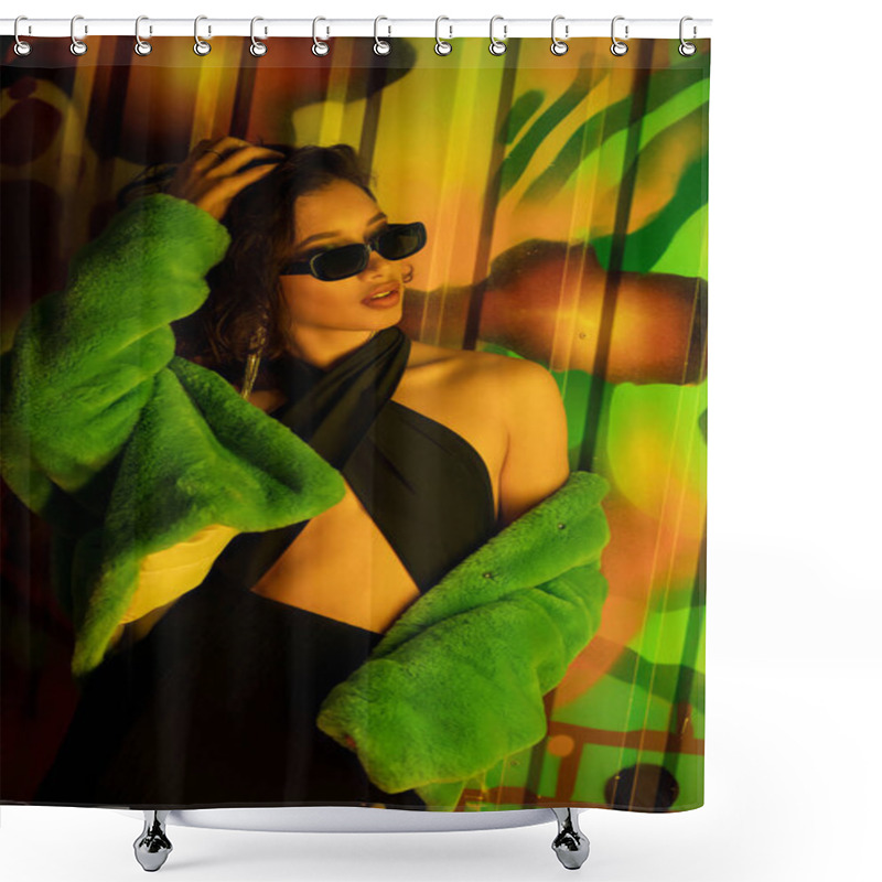 Personality  Trendy Young Asian Woman In Sunglasses Touching Head Near Graffiti On Wall In Night Club Shower Curtains