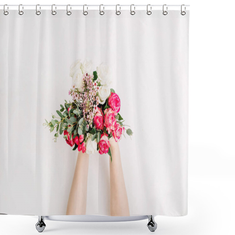 Personality  Female Hands Hold Bridal Flowers Bouquet With Roses, Eucalyptus Branch, Wildflowers. Flat Lay, Top View Wedding Background. Shower Curtains