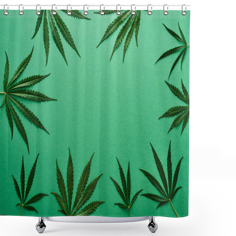 Personality  Top View Of Green Cannabis Leaves On Green Background With Copy Space Shower Curtains