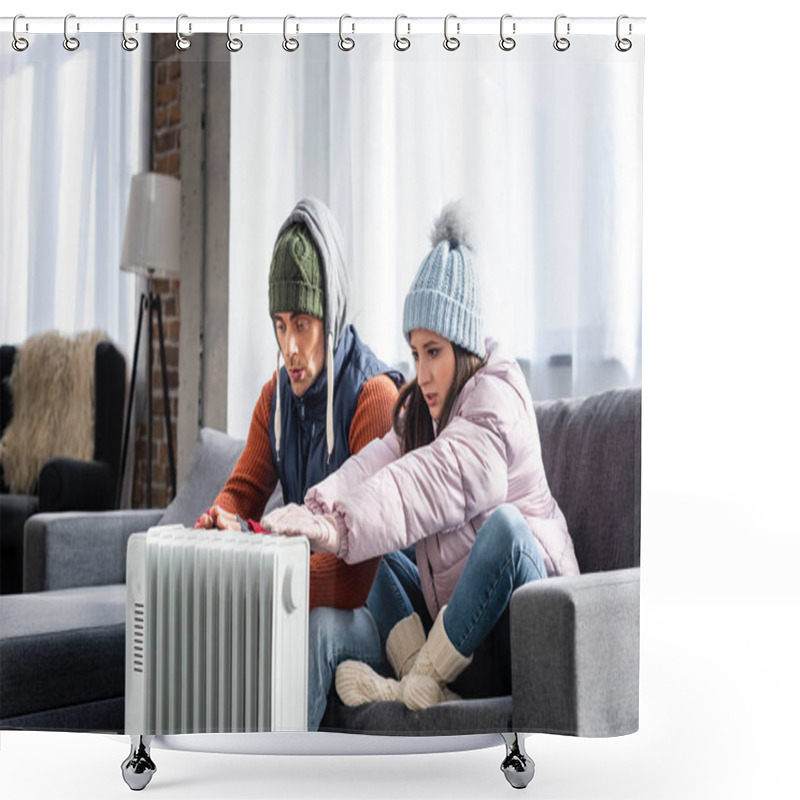 Personality  Attractive Girlfriend And Boyfriend In Winter Outfit Warming Up Near Heater  Shower Curtains