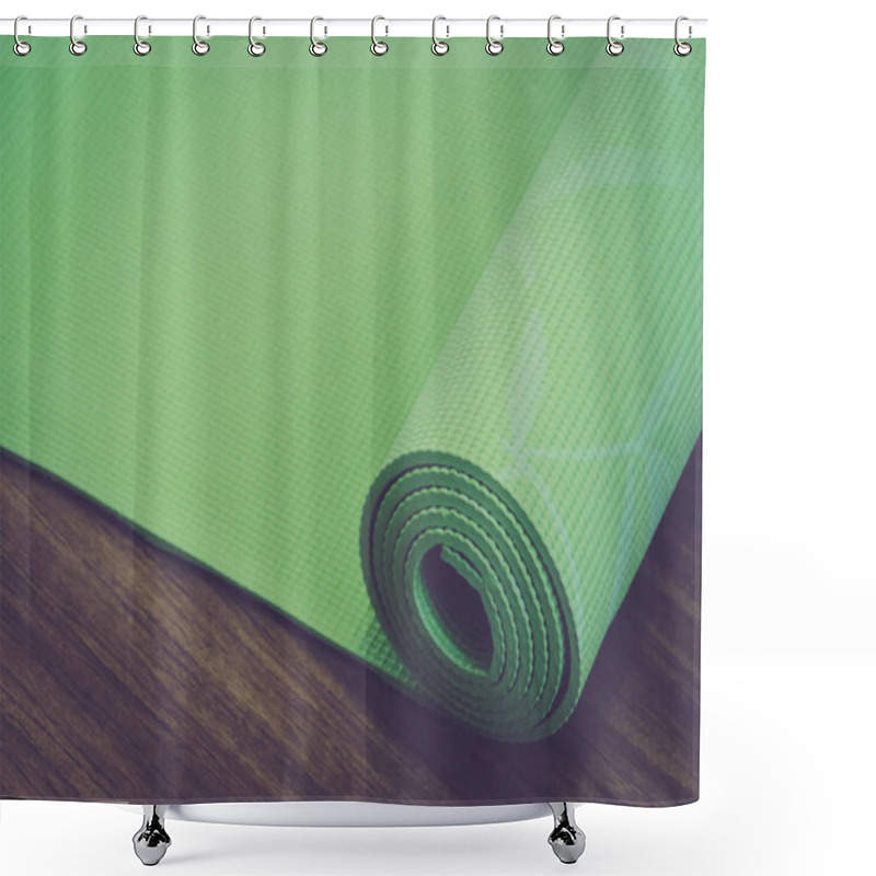 Personality  Woman Rolling Her YRolled Up Yoga Mat Isolated On White. Copyspace.  Shower Curtains