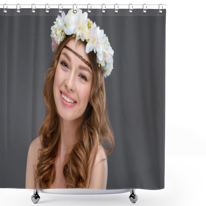 Personality  Close-up Portrait Of Happy Young Woman With Curly Hair In White Floral Wreath Isolated On Grey Shower Curtains