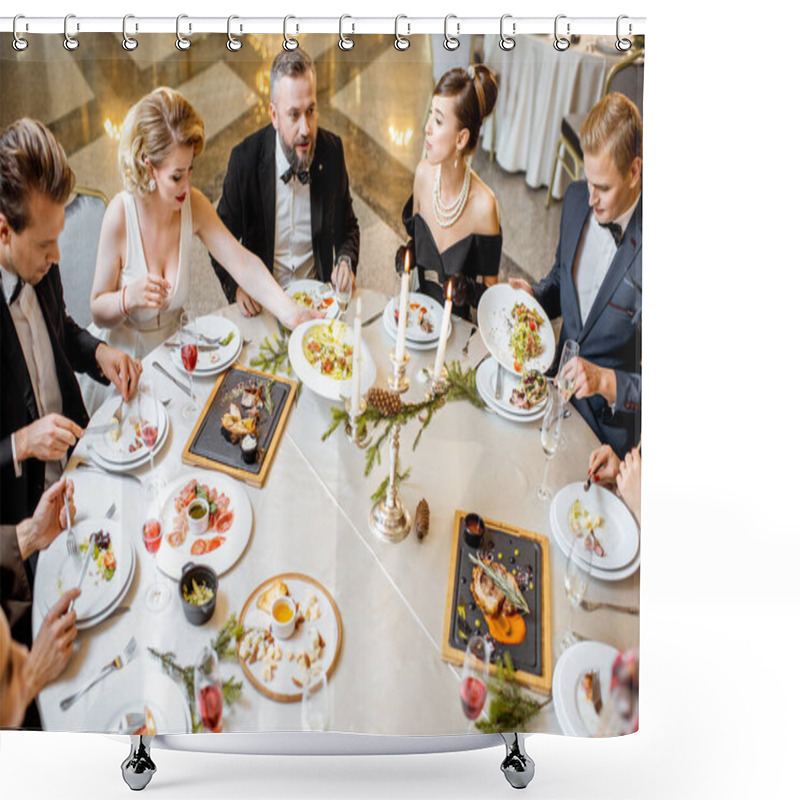 Personality  Elegantly dressed people having a festive dinner indoors shower curtains