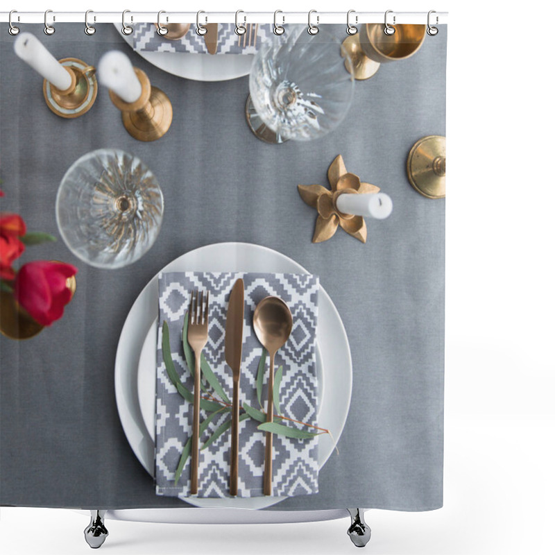 Personality  Flat Lay With Beautiful Rustic Table Arrangement With Old Fashioned Tarnished Cutlery And Wine Glasses  Shower Curtains