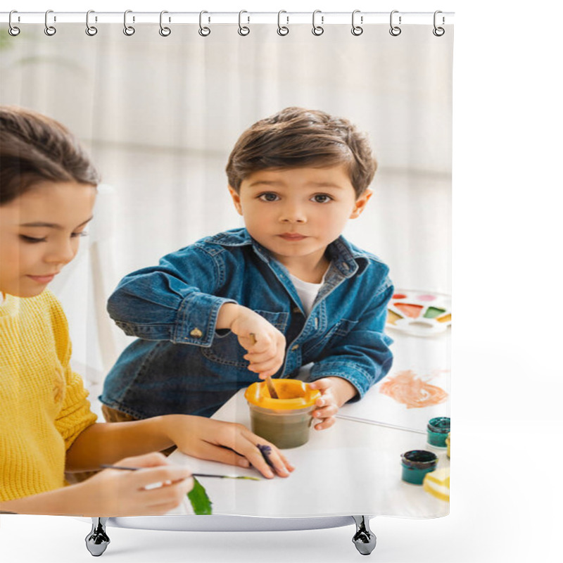 Personality  Adorable Boy Mixing Paints In Container While Sitting Near Sister And Looking At Camera Shower Curtains