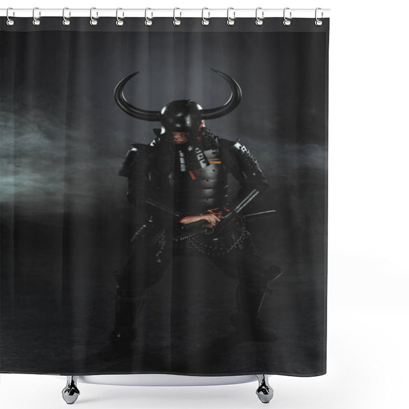 Personality  Armored Samurai Taking Out His Katana On Dark Background With Smoke Shower Curtains