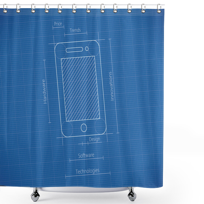 Personality  Mobile Smartphone Blueprint.  Concepts: Digital Technology Trends, Production, Design, Hardware Components, Software, Quality, Innovations Ideas, Electronics Industry Business, New Cellphone Models. Shower Curtains