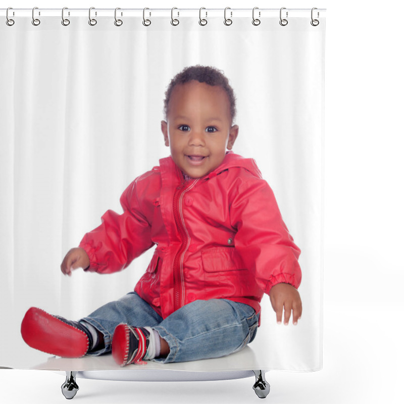 Personality  Adorable African Baby Sitting On The Floor With Red Raincoat Shower Curtains