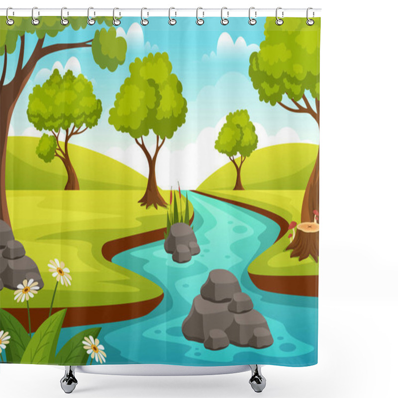 Personality  River Landscape Illustration With View Mountains, Green Fields, Trees And Forest Surrounding The Rivers In Flat Cartoon Hand Drawn Templates Shower Curtains