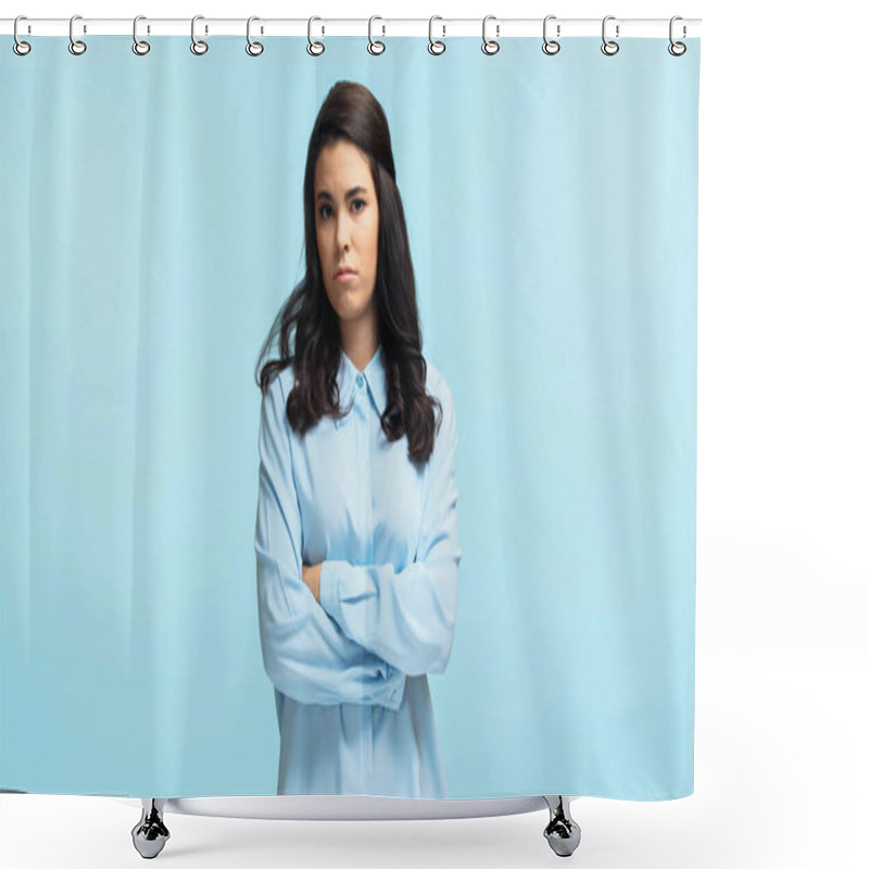 Personality  Upset Young Woman In Shirt Standing With Crossed Arms Isolated On Blue Shower Curtains