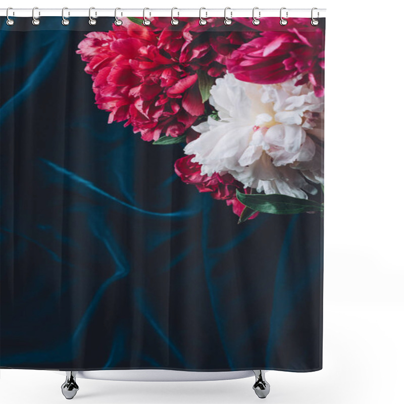 Personality  Top View Of One Pink Peony Flowers On Dark Cloth Shower Curtains