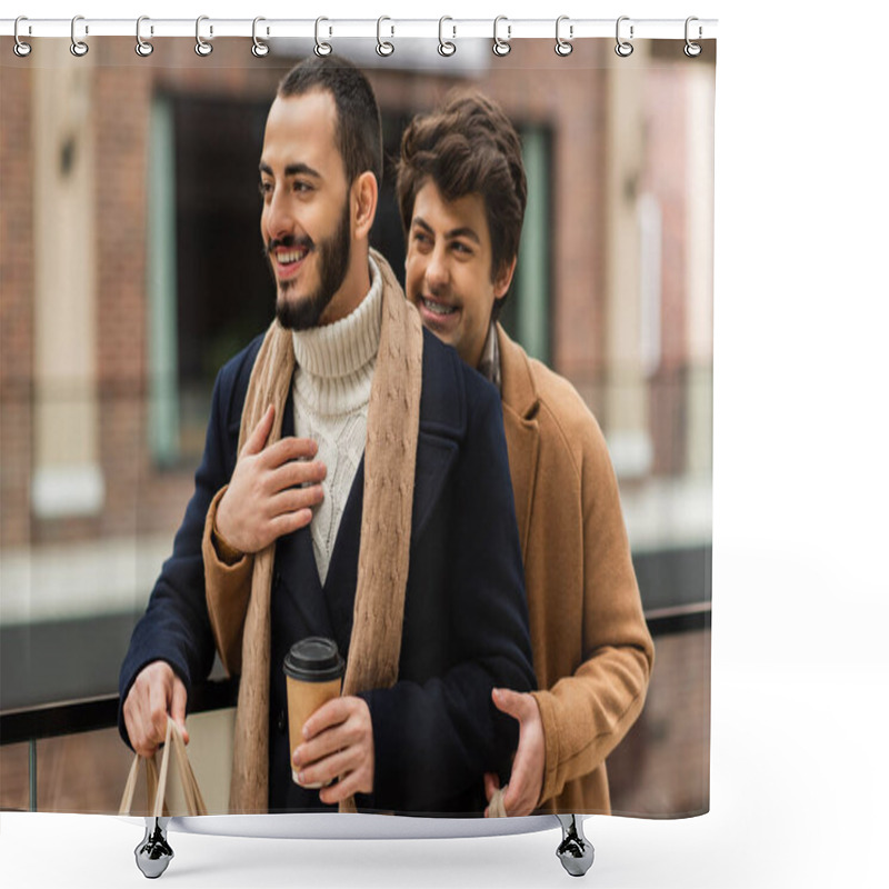 Personality  Bearded Gay In Coat And Scarf Standing With Takeaway Drink Near Boyfriend Embracing Him Outdoors Shower Curtains