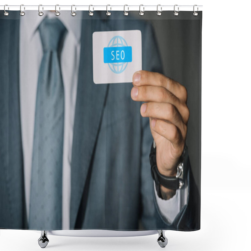 Personality  Partial View Of Successful Developer Showing Card With SEO Sign Shower Curtains