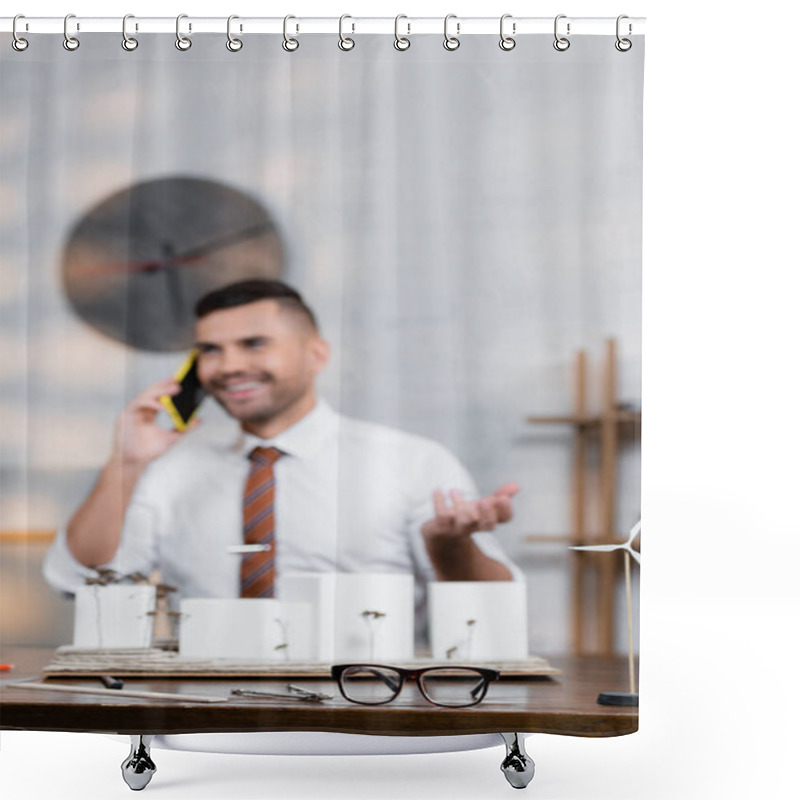 Personality  Happy Architect Talking On Mobile Phone Near Architectural Project, Blurred Background Shower Curtains