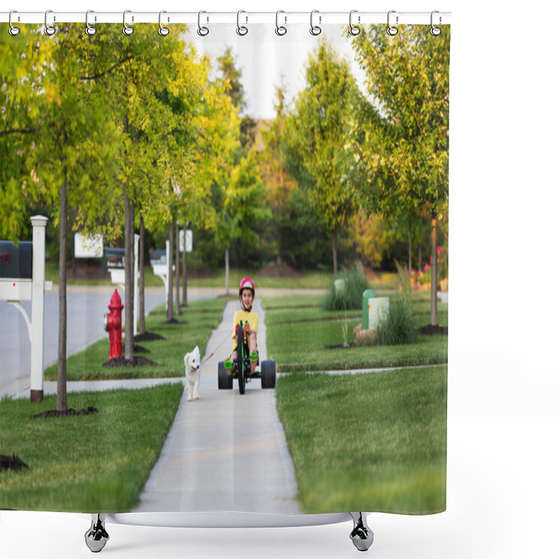 Personality  Walking The Dog With Tricycle In The Neighborhood Shower Curtains