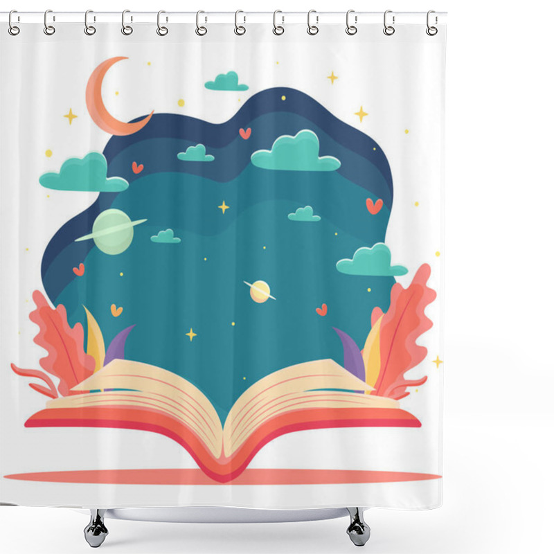 Personality  Open Book, Concept Of Interesting Stories In A Book, World Book Day Or Children's Book Day, Abstract Patterns, Leaves, Decorative Elements Shower Curtains