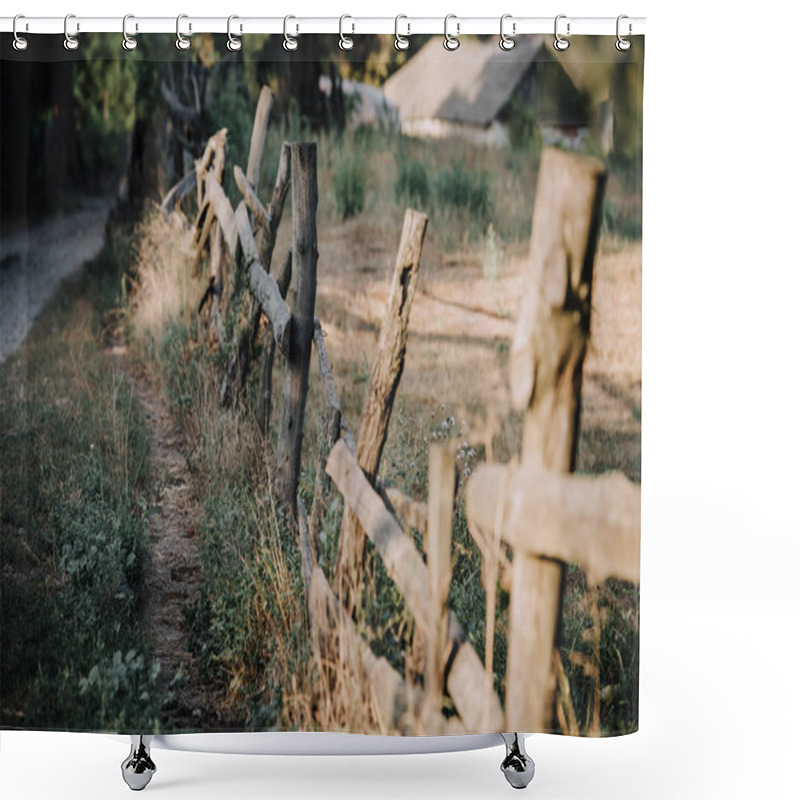 Personality  Selective Focus Of Wooden Fence On Meadow In Countryside Shower Curtains