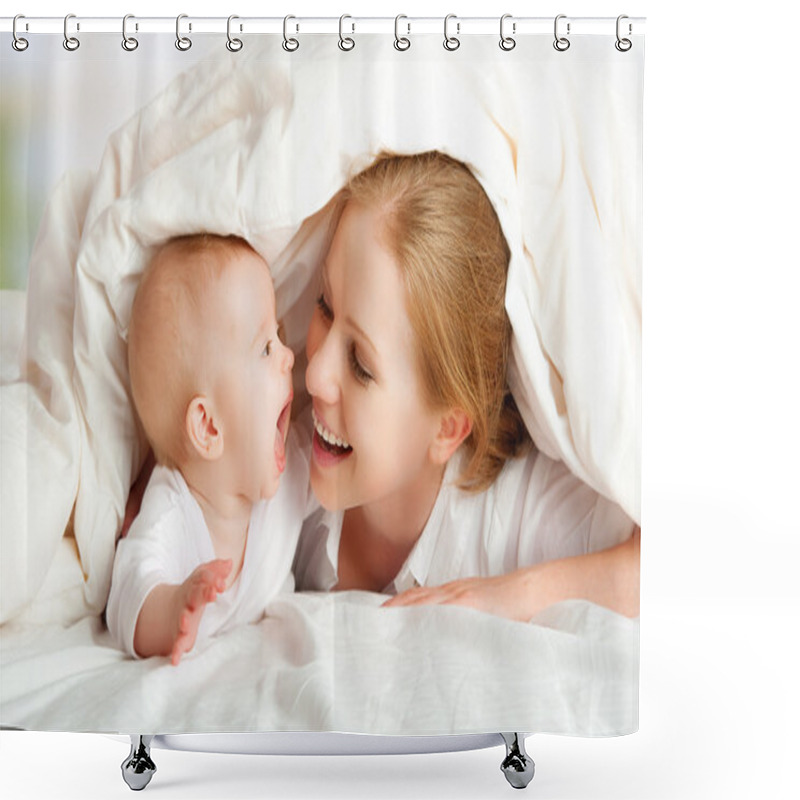 Personality  Happy Family. Mother And Baby Playing Under Blanket Shower Curtains