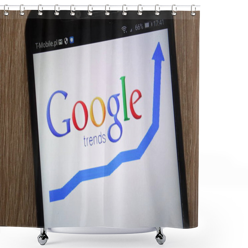 Personality  KONSKIE, POLAND - SEPTEMBER 06, 2018: Google Trends Logo Displayed On A Modern Smartphone Shower Curtains