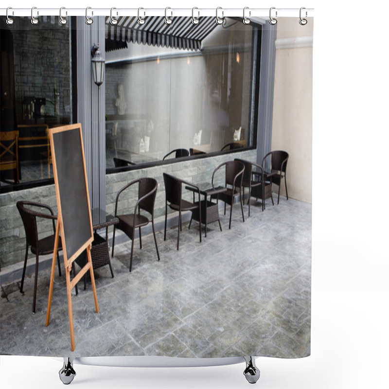 Personality  Concept And Design Front Of Coffee Shop With Black Board And Bla Shower Curtains