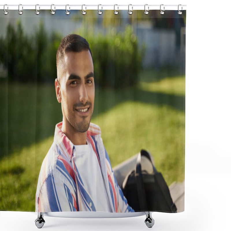 Personality  Portrait Of Handsome Smiling Middle Easter Student Looking At Camera  In University Campus. Happy Iranian Man Sitting On Bench, Relaxing In Park Shower Curtains