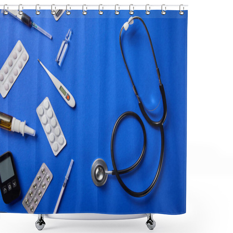 Personality  Top View Of Stethoscope Near Various Medical Supplies On Blue Background Shower Curtains