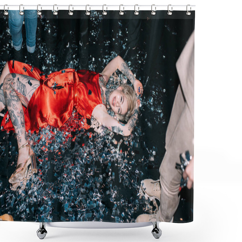 Personality  Blonde Woman Lying On Floor With Confetti Near People On Black Background Shower Curtains