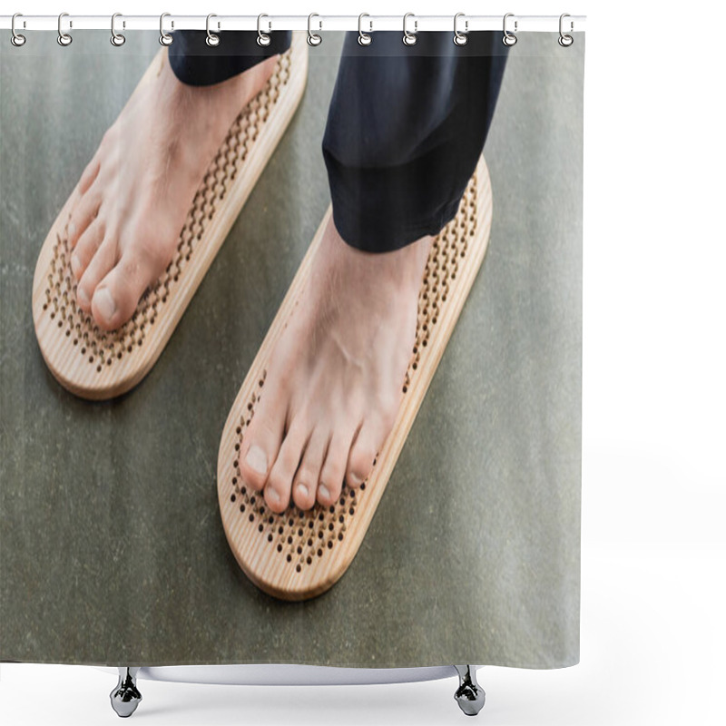 Personality  Top View Of Man Standing With Bare Feet On Sadhu Board In Yoga Studio Shower Curtains