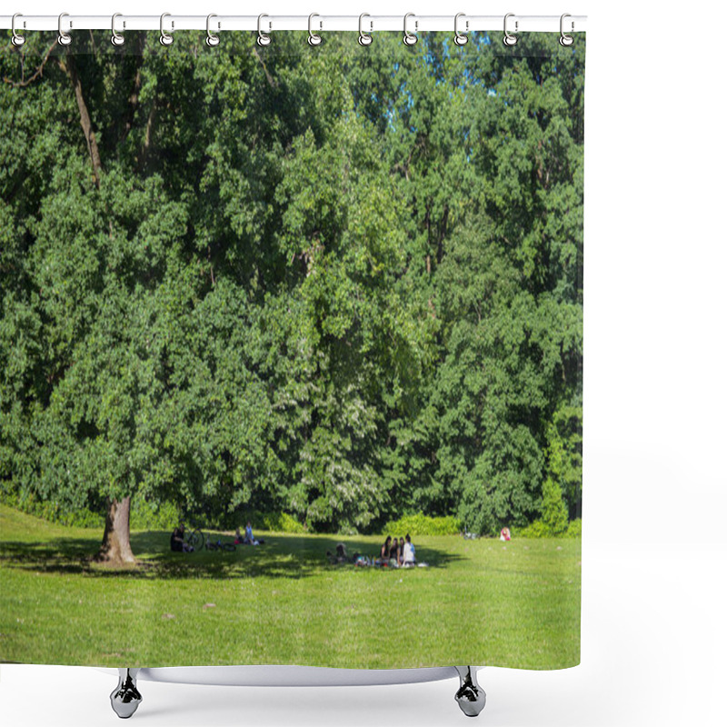 Personality  People Are Resting In The Shade Under A Big Tree, On A Green Meadow In Maksimir. Spring 2020. Zagreb - Croatia Shower Curtains