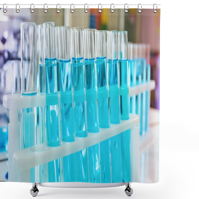 Personality  Asian Scientist Working On Blue Test Tube To Analysis And Develop Vaccine Of Covid-19 Virus In Lab Or Laboratory In Technology Medical, Chemistry, Healthcare, Research Concept. Experimental Science Shower Curtains