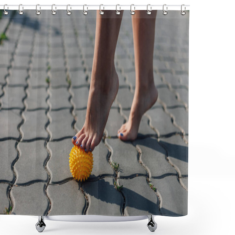 Personality  Details Of Young Woman Bare Feet Standing On Tiptoes On Spiky Rubber Yellow Ball To Relax Muscles And Reduce Pain On Paving Tile On Sunny Day Shower Curtains